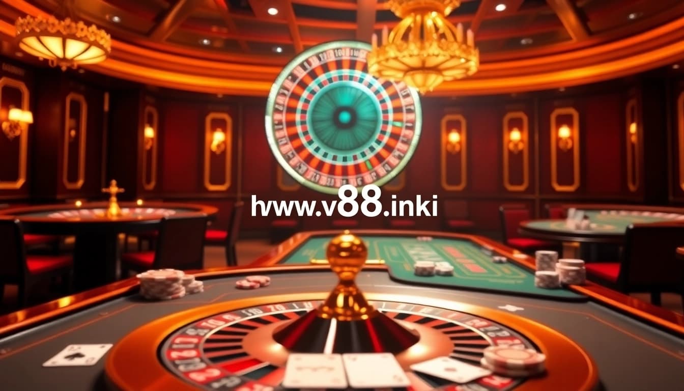 Experience thrill and engagement at VU88, showcasing poker tables filled with colorful chips and an exciting roulette display.