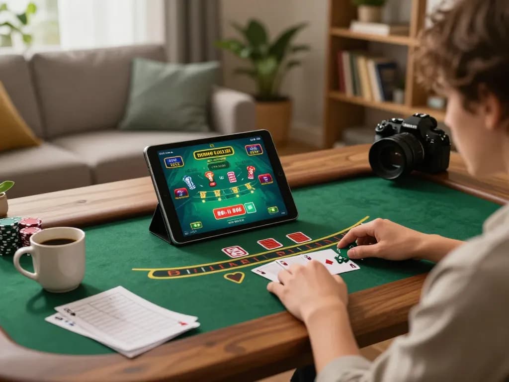 Engaging in blackjack gameplay on fly88com biz with a tablet in a cozy home environment