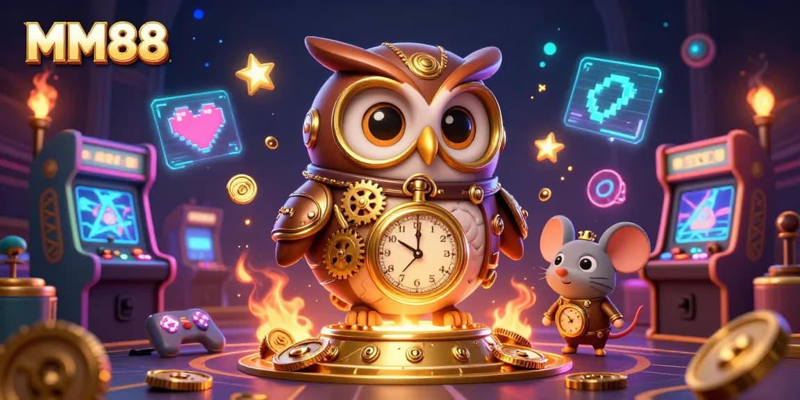 Experience MM88's vibrant gambling universe with an owl and mouse in a steampunk casino setting.