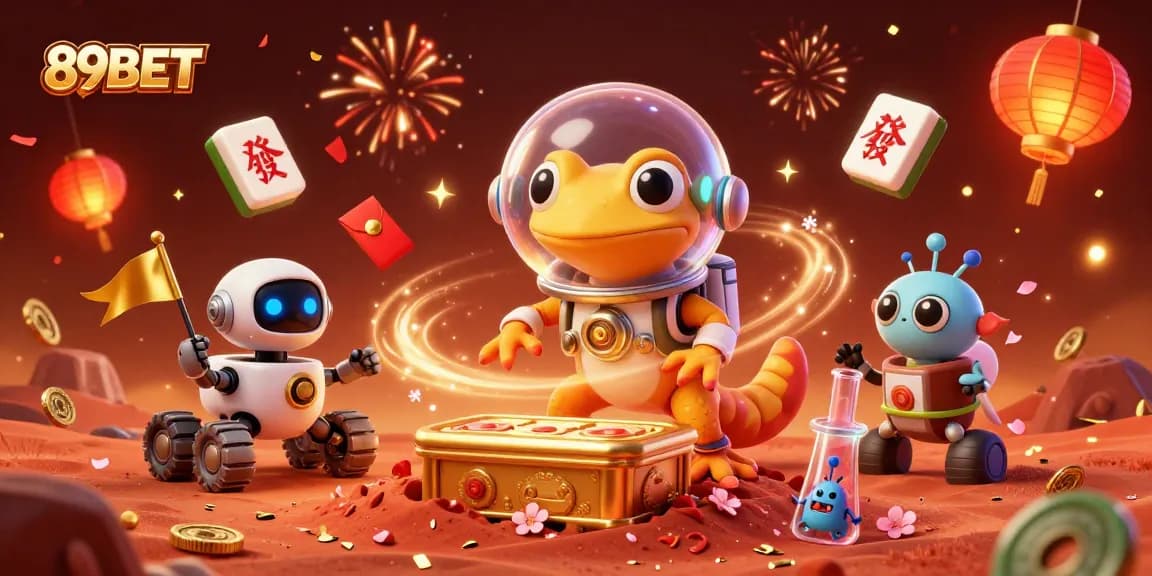 Engage with 89BET in a dynamic scene of a Martian gecko discovering a golden casino.