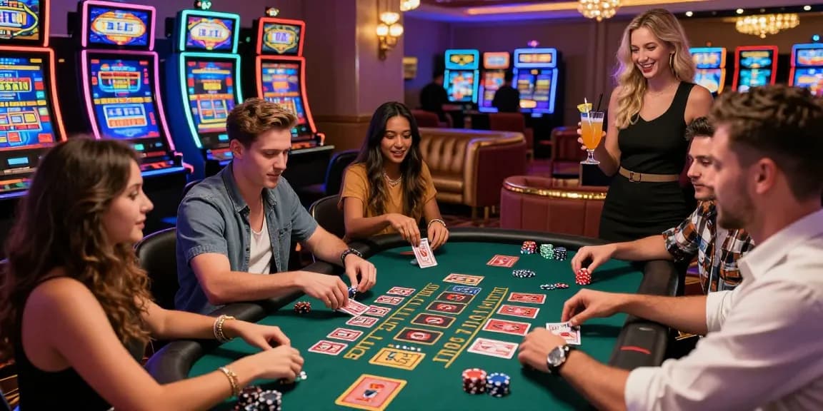 Exciting moment at casinos that accept credit cards during a blackjack game with friends, showcasing vibrant gaming atmosphere.