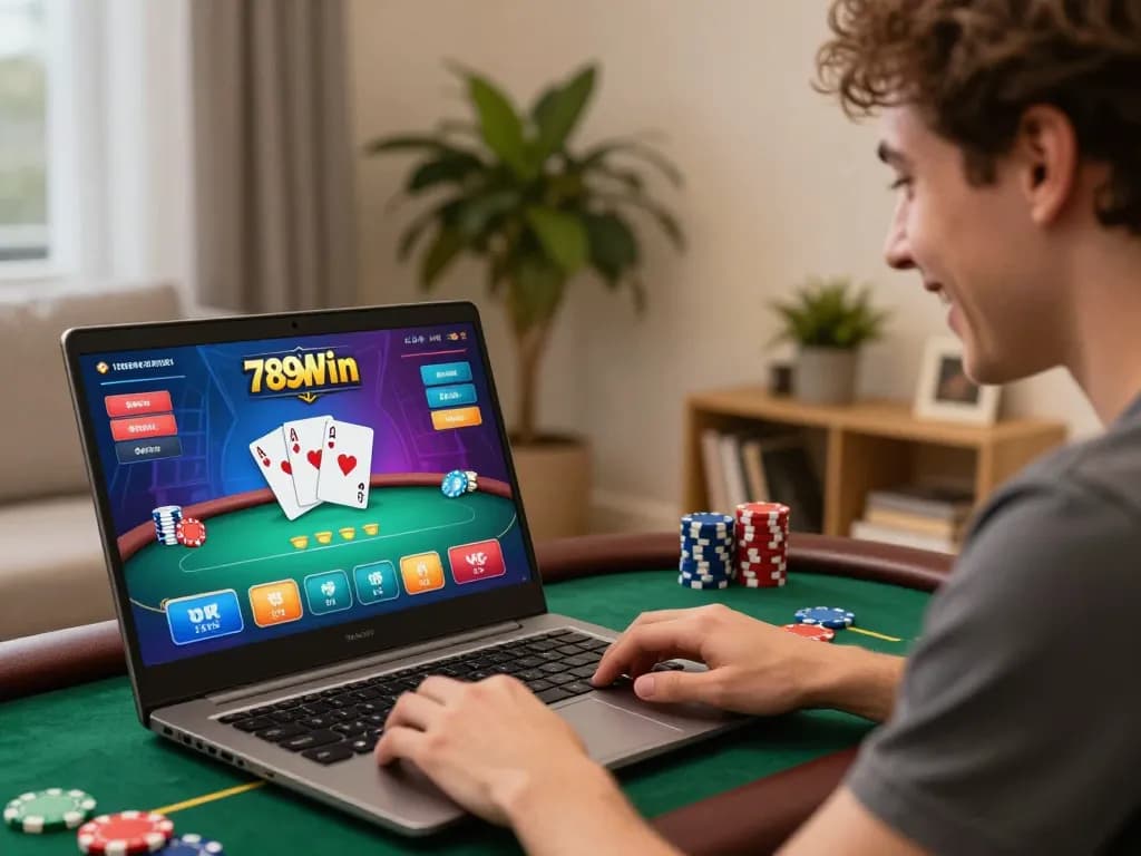 Experience the thrill of 789Win with an online gaming setup, showcasing digital poker excitement