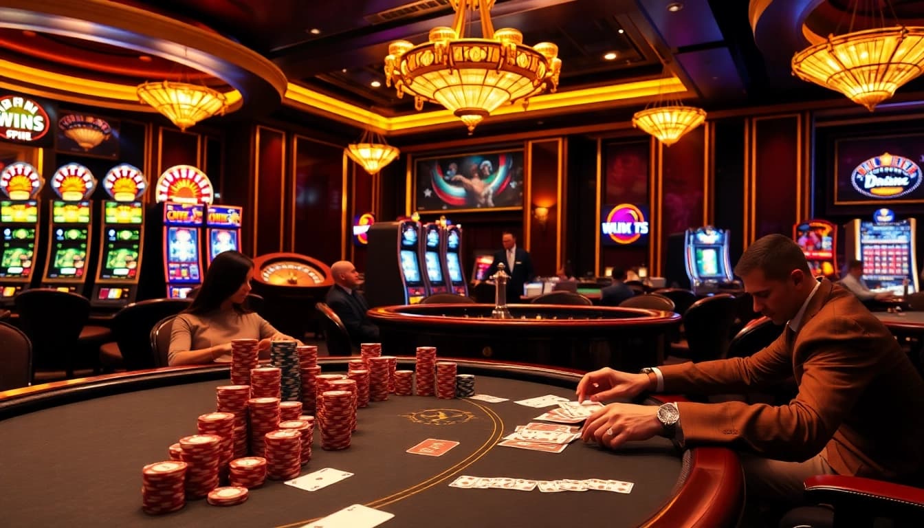 Engaged players enjoying a lively poker game at https://11win.mobi/ with vibrant chips and a roulette wheel.