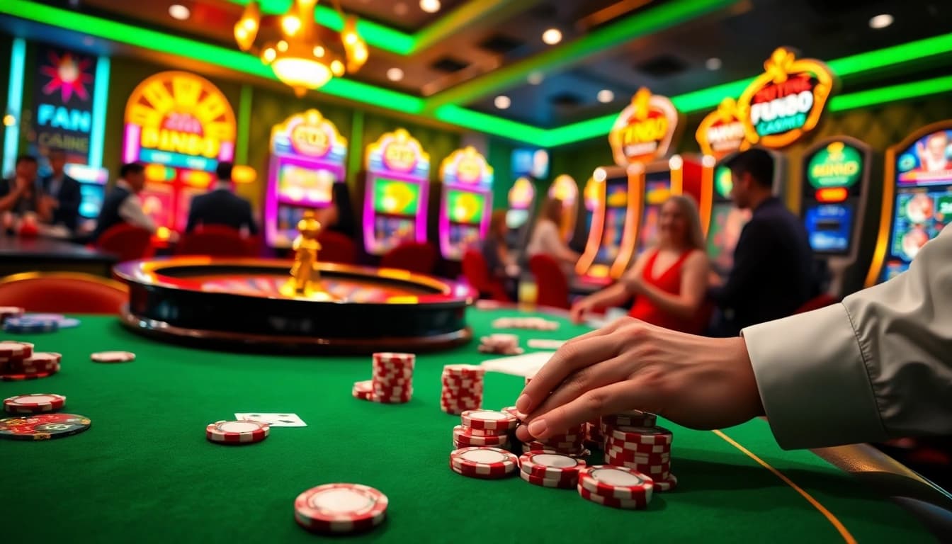 Players enjoying poker and roulette at FUN88 casino, featuring luxurious table setups and vibrant slot machines.