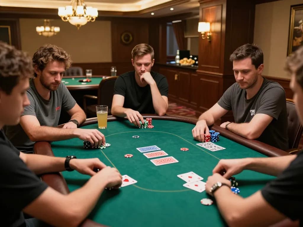 Cổng game Hitclub players strategizing around a poker table with chips and cards during an exciting game