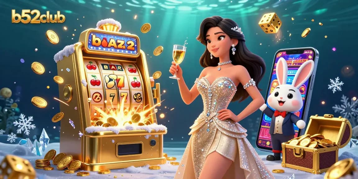 Engage with b52club's thrilling atmosphere featuring a jackpot explosion, vibrant characters, and dynamic gaming elements.