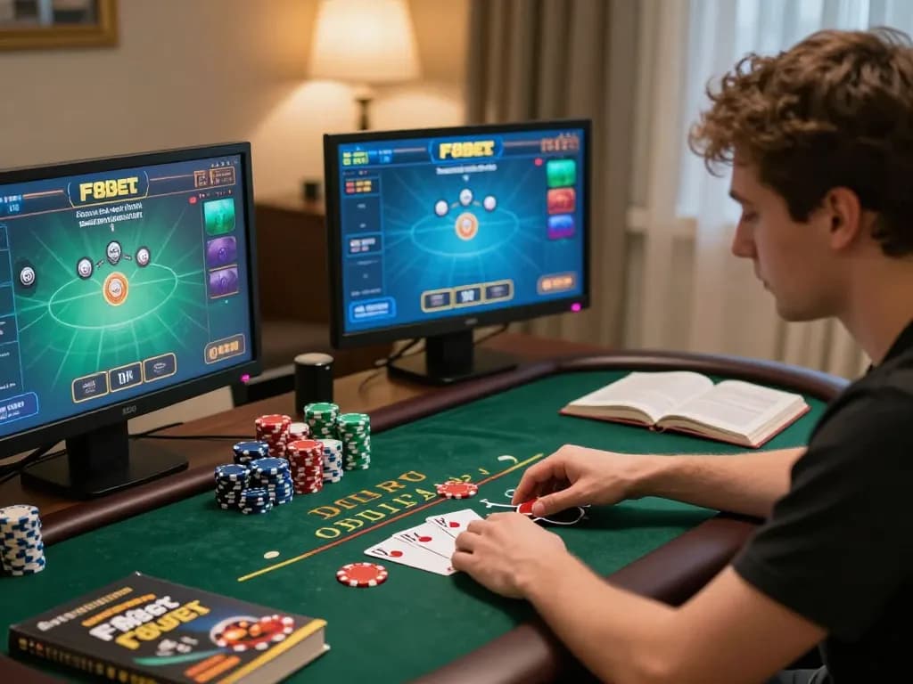 Player enjoying a game of F8bet blackjack on multiple screens with warm lighting.