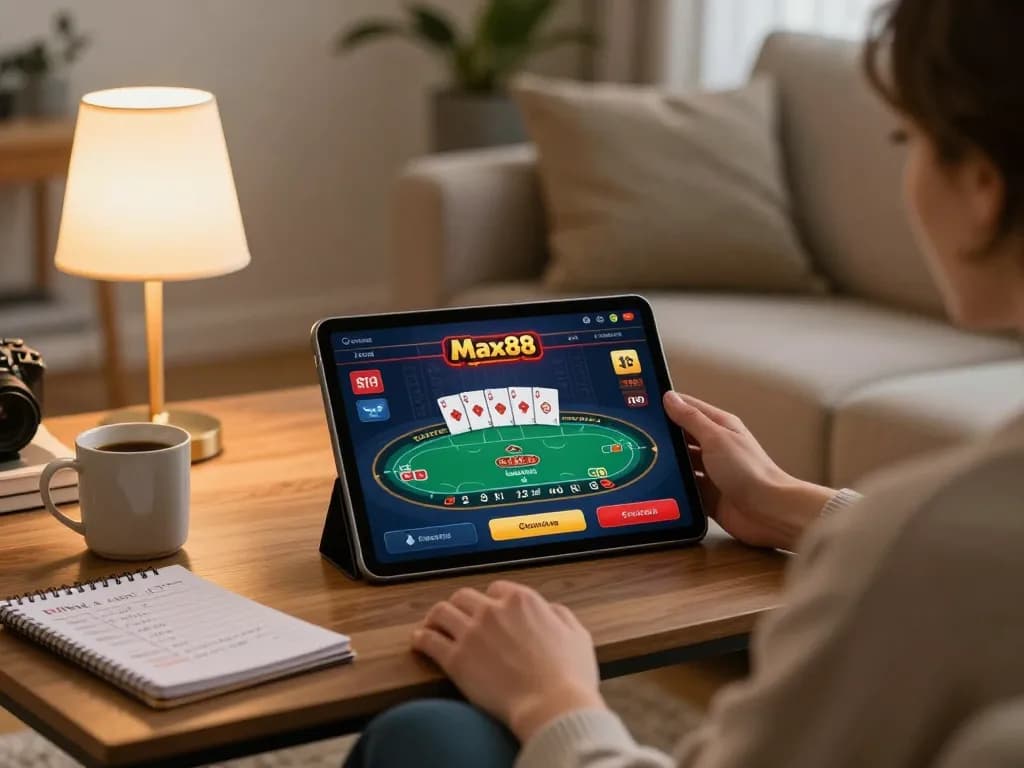 Experience Max88 online gaming with engaging poker gameplay on a tablet in a cozy home setting