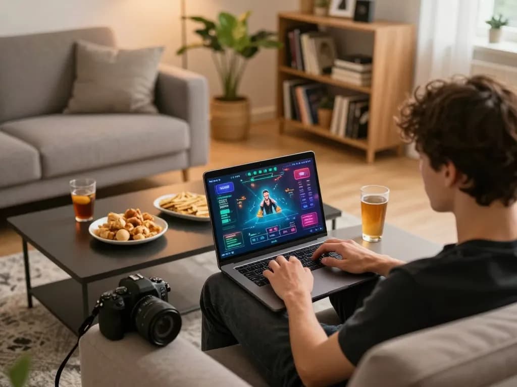 Engaging in poker gameplay at home with fabet on laptop, cozy setup.
