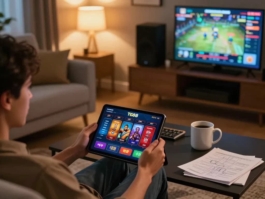 Player engaging with the TG88 casino app on a tablet in a cozy home setting, promoting responsible gaming.
