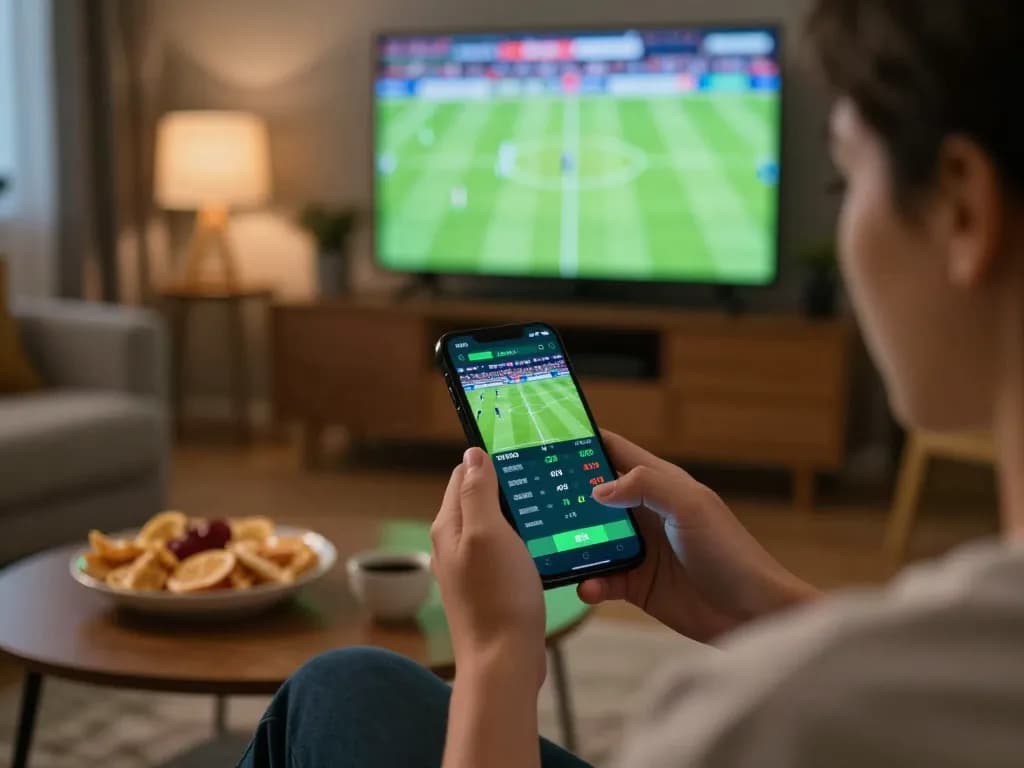 Engaging user placing football bets on resultsfootball app from home couch with snacks.