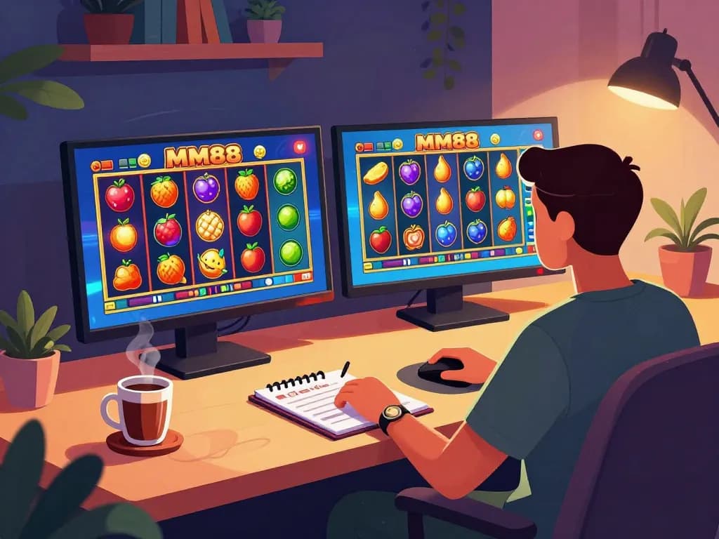 MM88 online gaming setup showcasing player engaged in vibrant slot game with strategy notes.