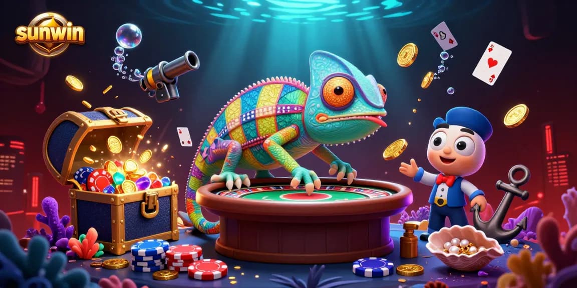 Engage with the vibrant world of sunwin as a colorful chameleon casino owner captures golden coins in a dynamic 3D scene.