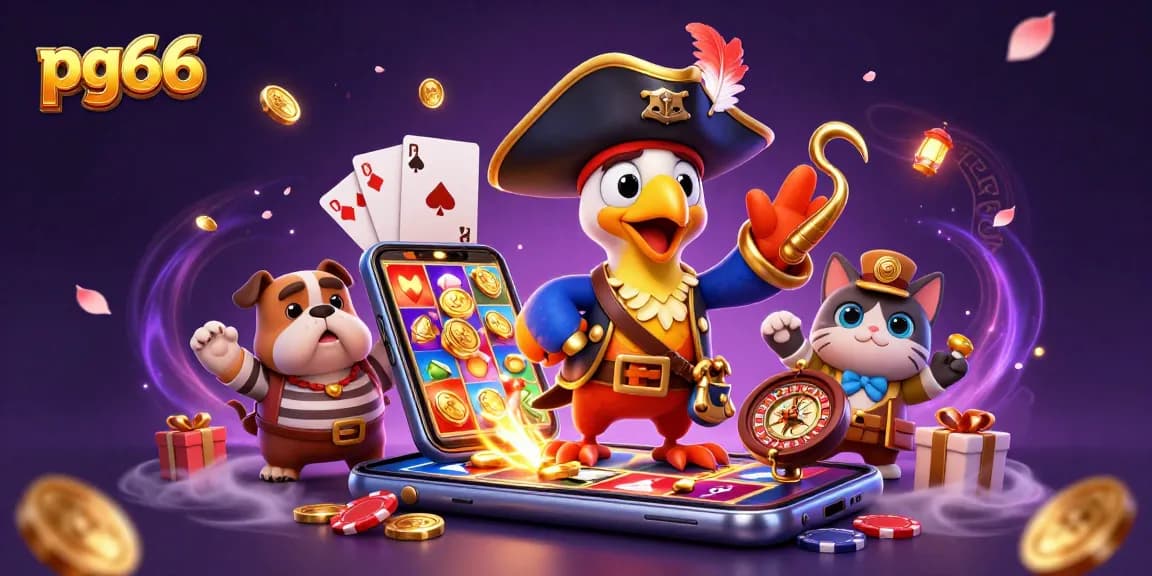 Experience the excitement of pg66 with a vibrant 3D casino scene featuring pirates and gaming elements.