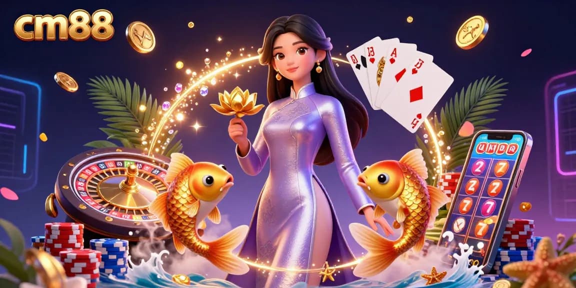 Play and win at cm88 casino with vibrant games and rich rewards in this dynamic illustration.