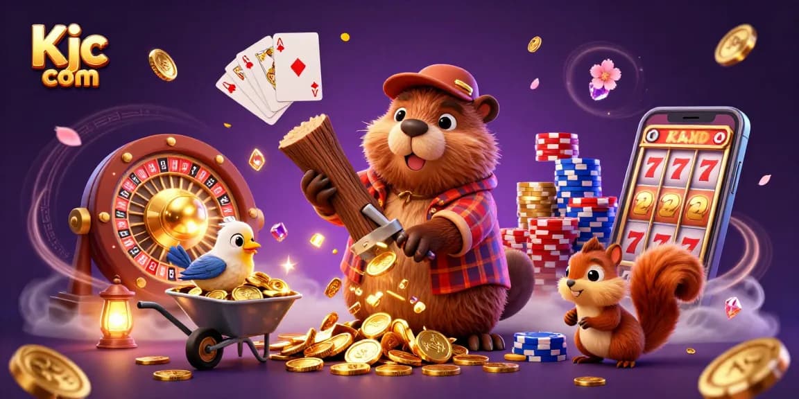 Experience the thrill at Kjc com with a beaver and friends collecting golden coins in a vibrant casino scene.