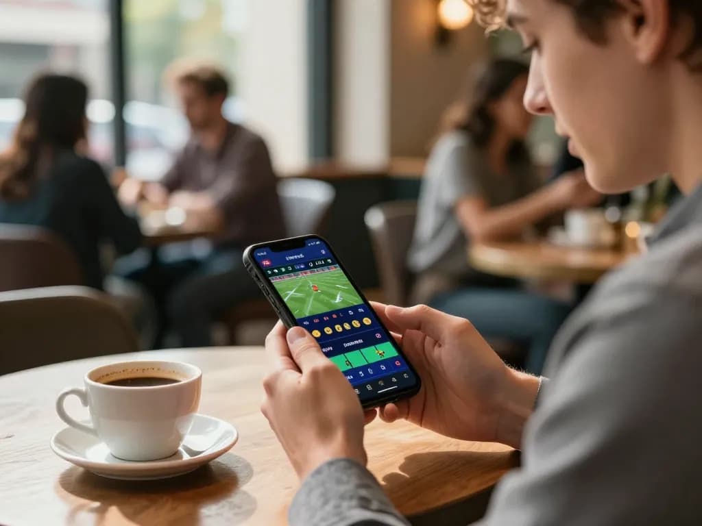 Engaging with sports betting on smartphone at a café, highlighting 78wingo's user-friendly interface.