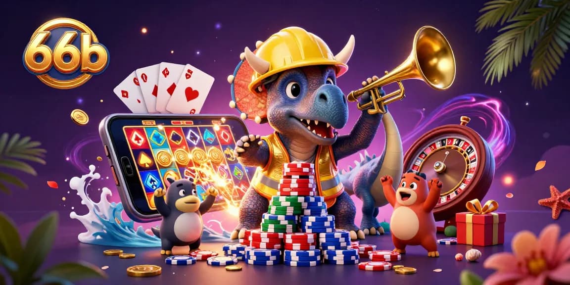 Engage with 66b's vibrant 3D scene showcasing a triceratops building poker chips amid a thrilling casino atmosphere.