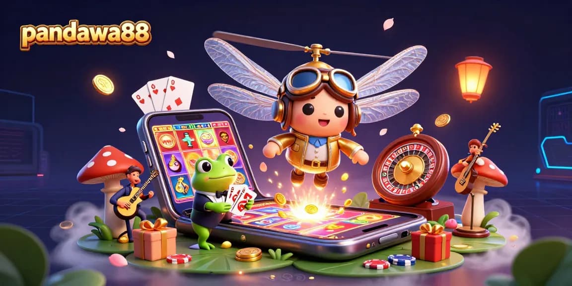 Pandawa88 excites players with vibrant casino action featuring a dragonfly pilot, frog croupier, and dynamic gambling elements.