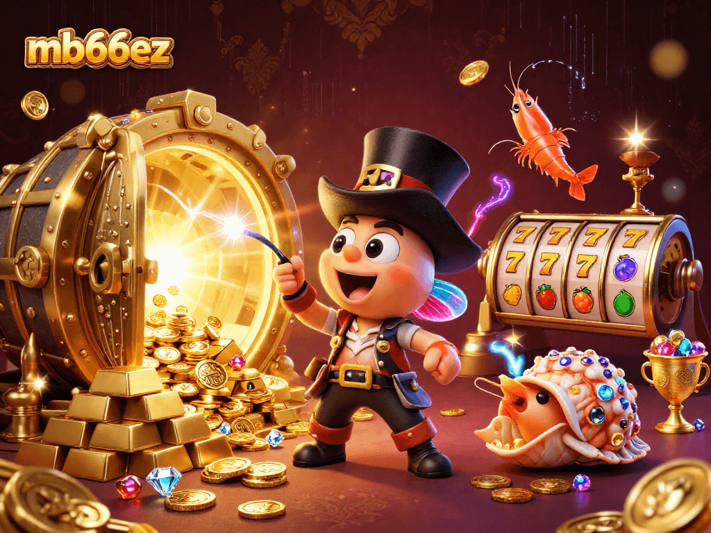 Experience thrilling wins with mb66ez at this lively cartoon casino scene featuring magical treasures.