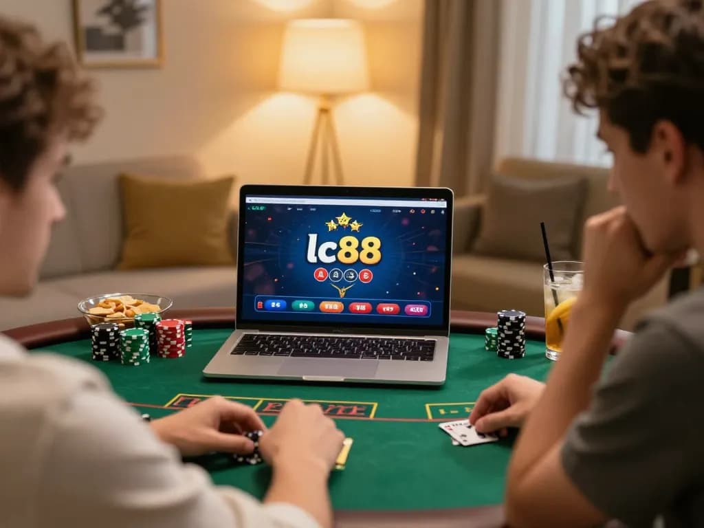 Player engages in an online poker game at home on the lc88 platform, creating a strategic and comfortable atmosphere.