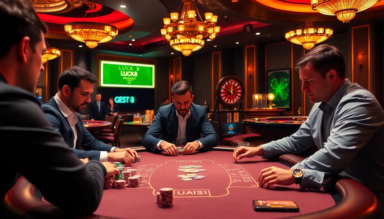 Exciting LUCK8 casino scene with poker players, vibrant chips, and roulette wheel in background.