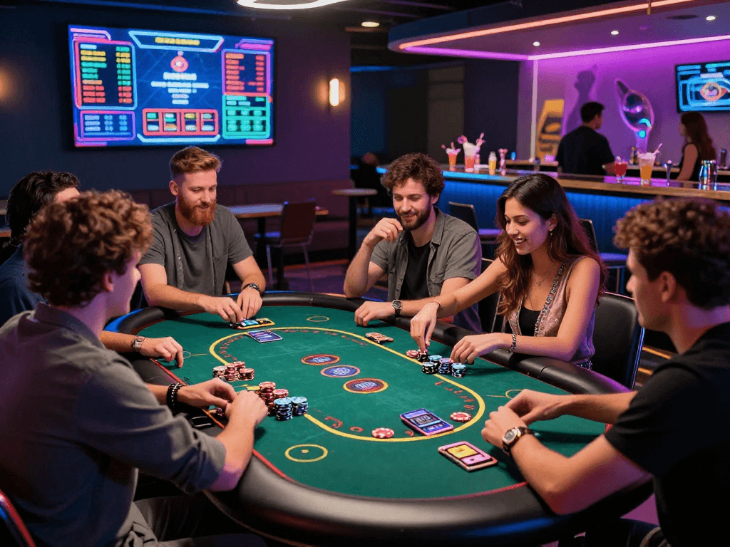 Exciting crypto casino gaming scene with friends around a high-tech table.