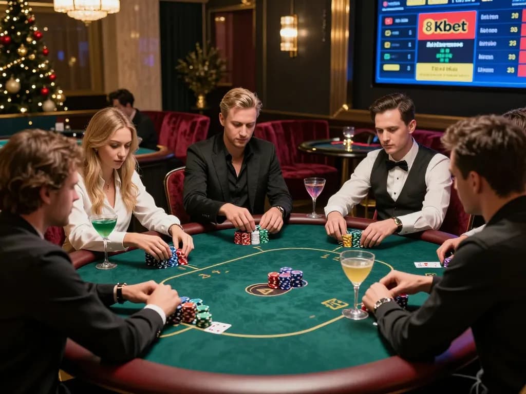 8kbet luxury online gambling scene with players enjoying a high-stakes poker game.
