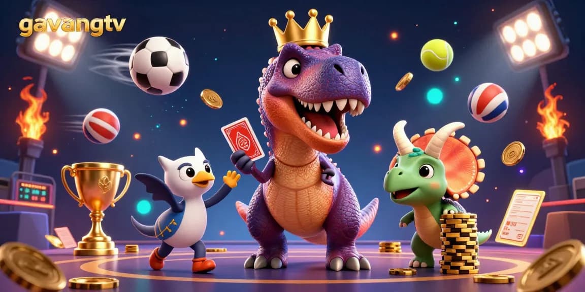Experience action at gavangtv with T-Rex shuffling cards in a vibrant casino setting filled with games.