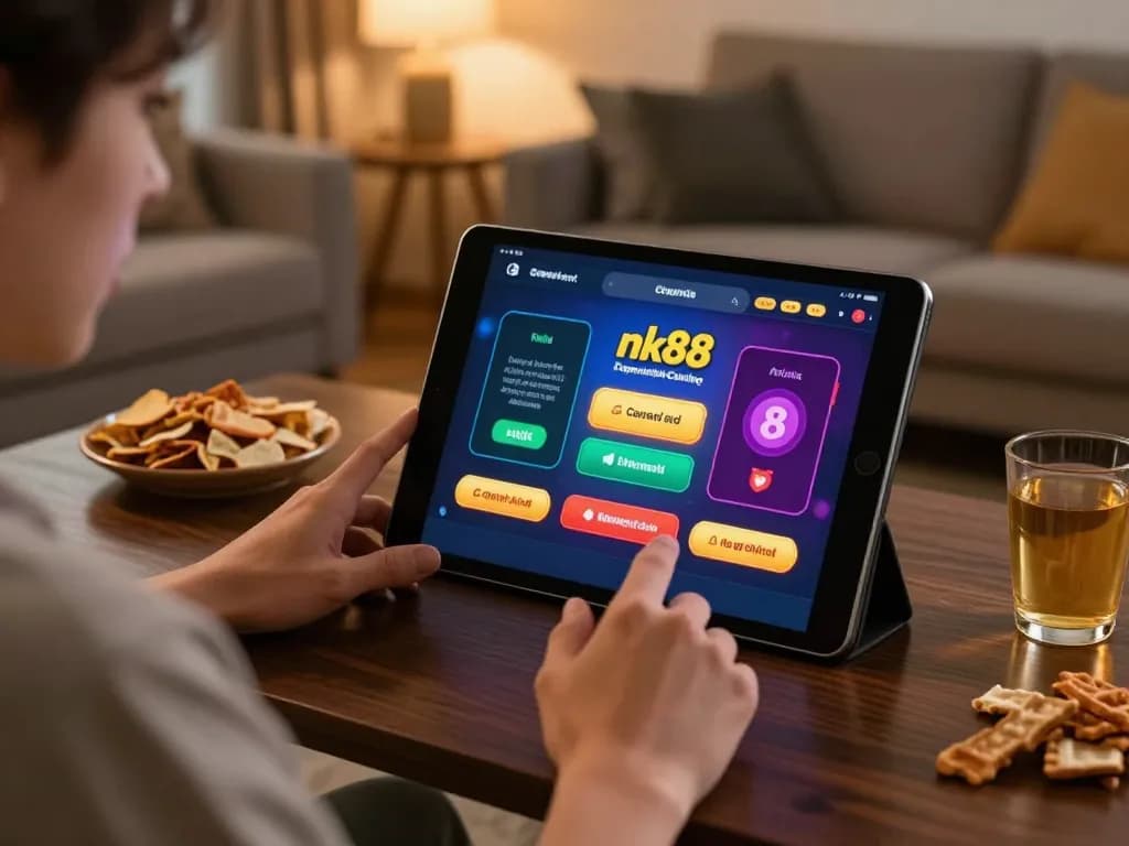 Engaging with the nk88 casino app in a cozy home setting for strategic online gaming.