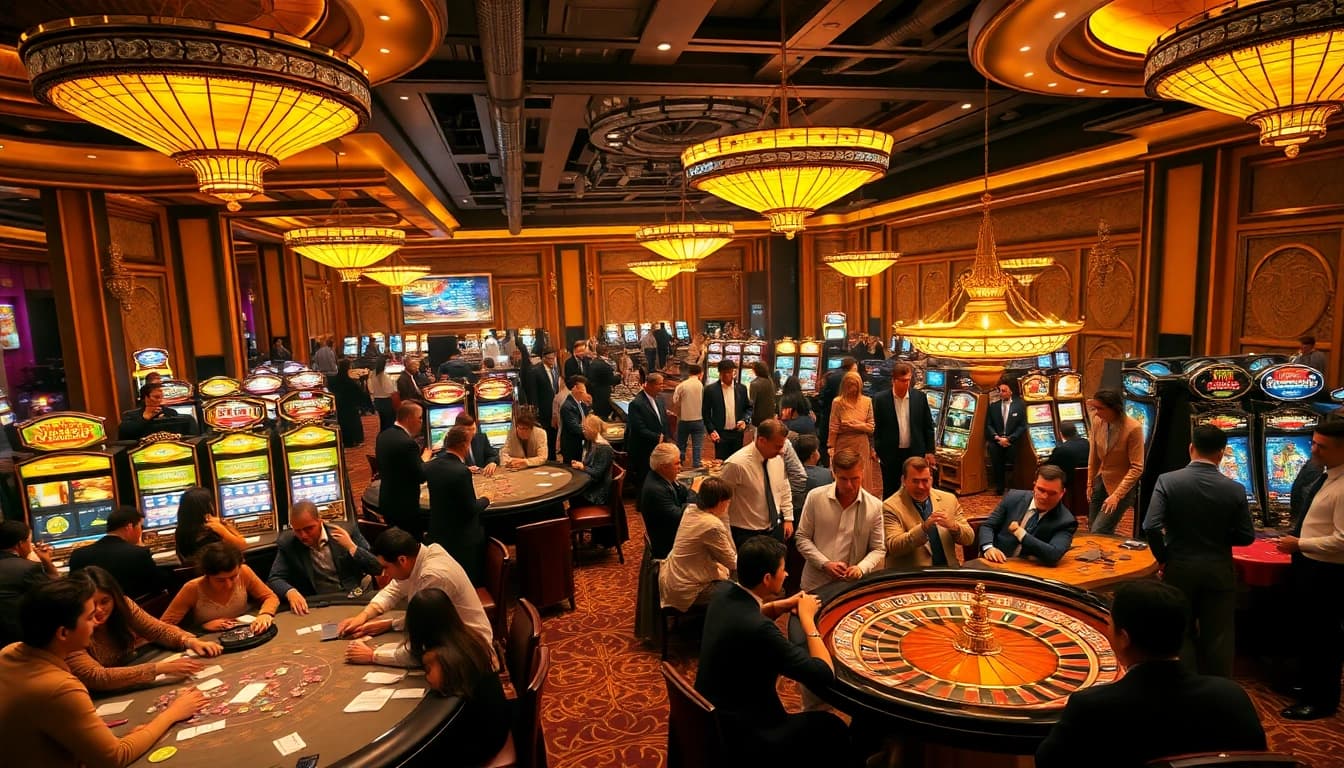 Exciting casino scene showcasing tập đoàn kjc's vibrant gaming atmosphere with players at poker tables.
