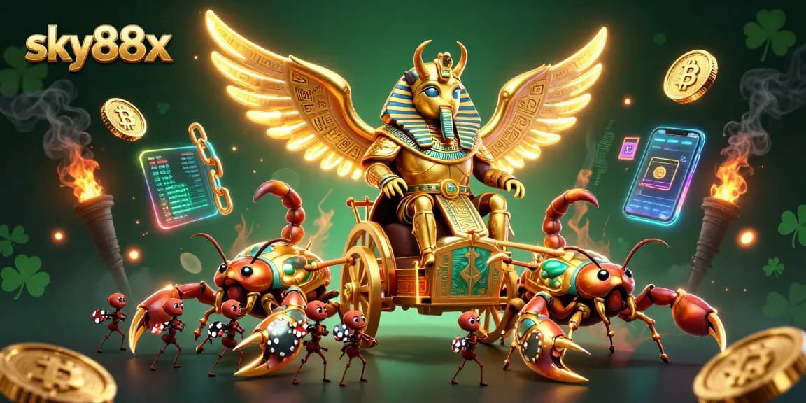 Engage with sky88x's dazzling gaming adventures featuring a golden scarab in an exciting casino scene.