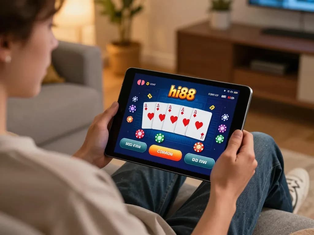 Engaging gameplay on hi88 app, showcasing poker cards and chips in a cozy setup