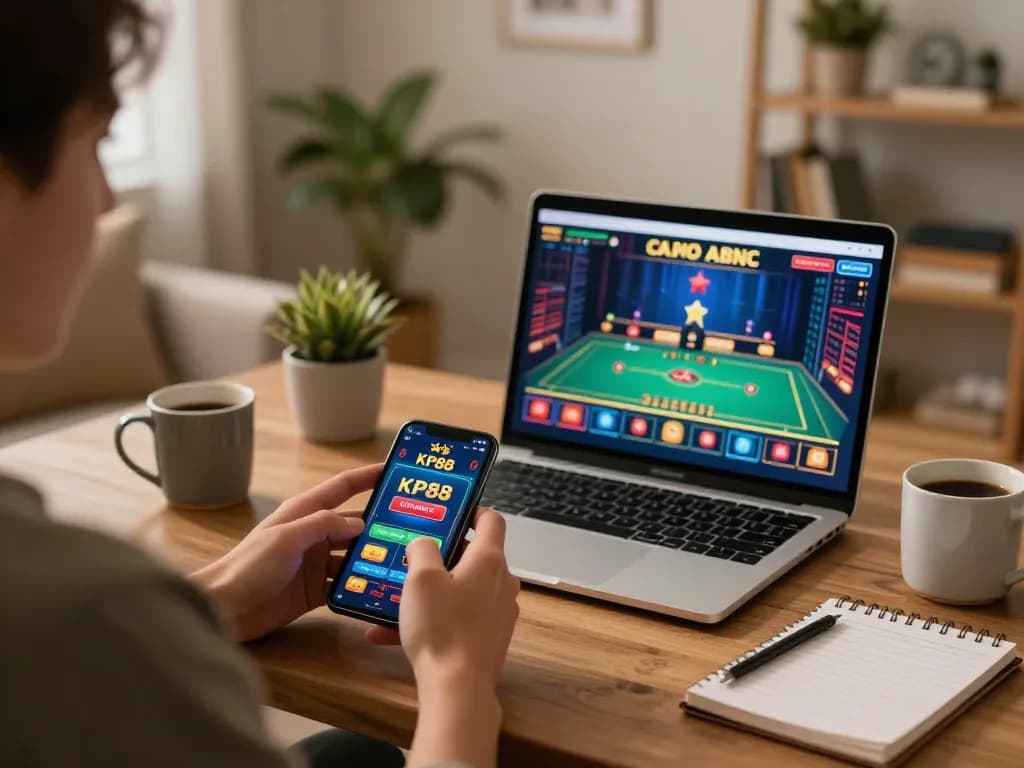 Engaging with KP88 casino app on smartphone in a cozy home gaming setup.