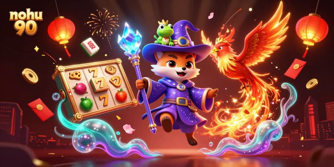 Nohu 90 engages players with vibrant 3D gambling visuals featuring mystical characters and gaming elements.