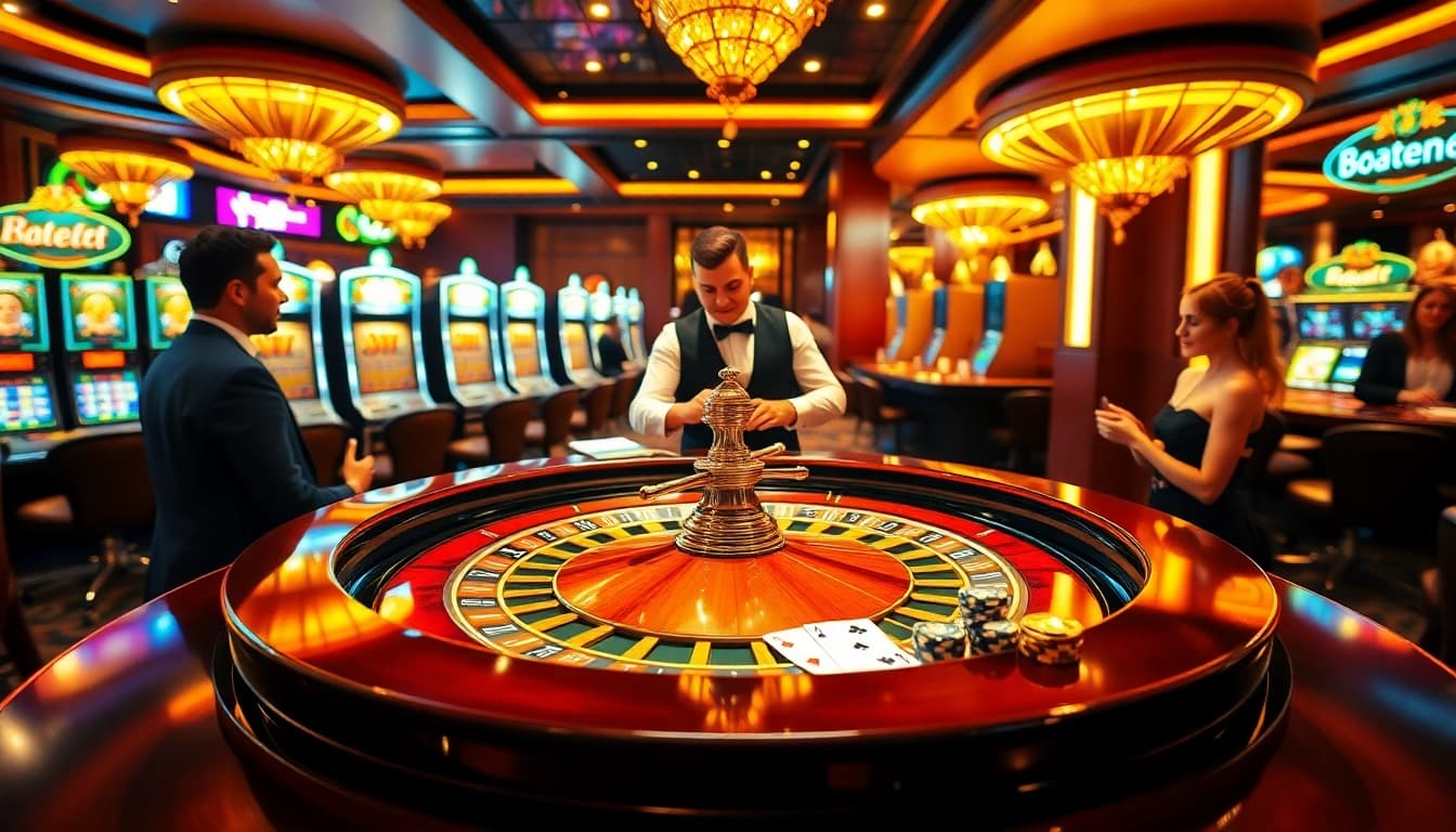 Exciting casino moment showcasing the roulette table experience at https://888vv.co.com/ with thrilling players and professional croupier.