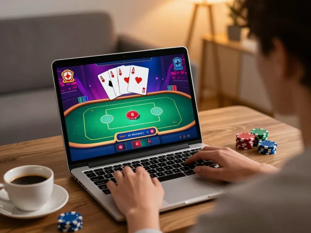 Player enjoying live poker action on fly88 com in a cozy home environment with vibrant screen display.