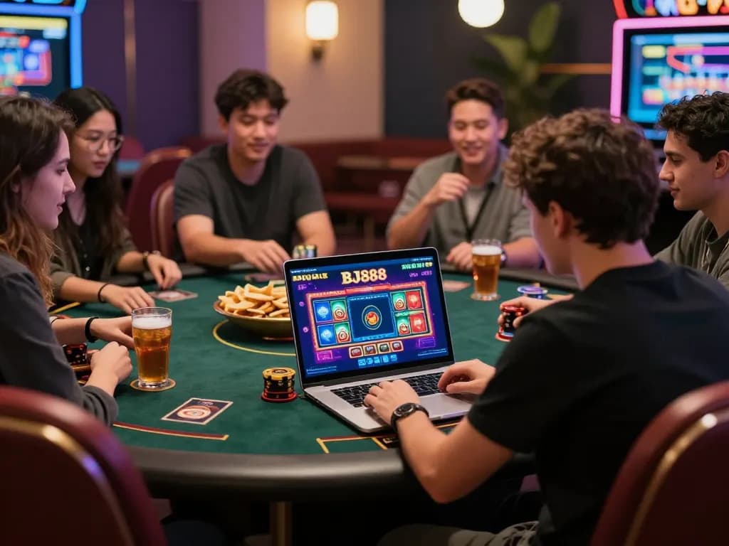 BJ888 online gaming platform experience with friends enjoying casino games in a vibrant atmosphere.