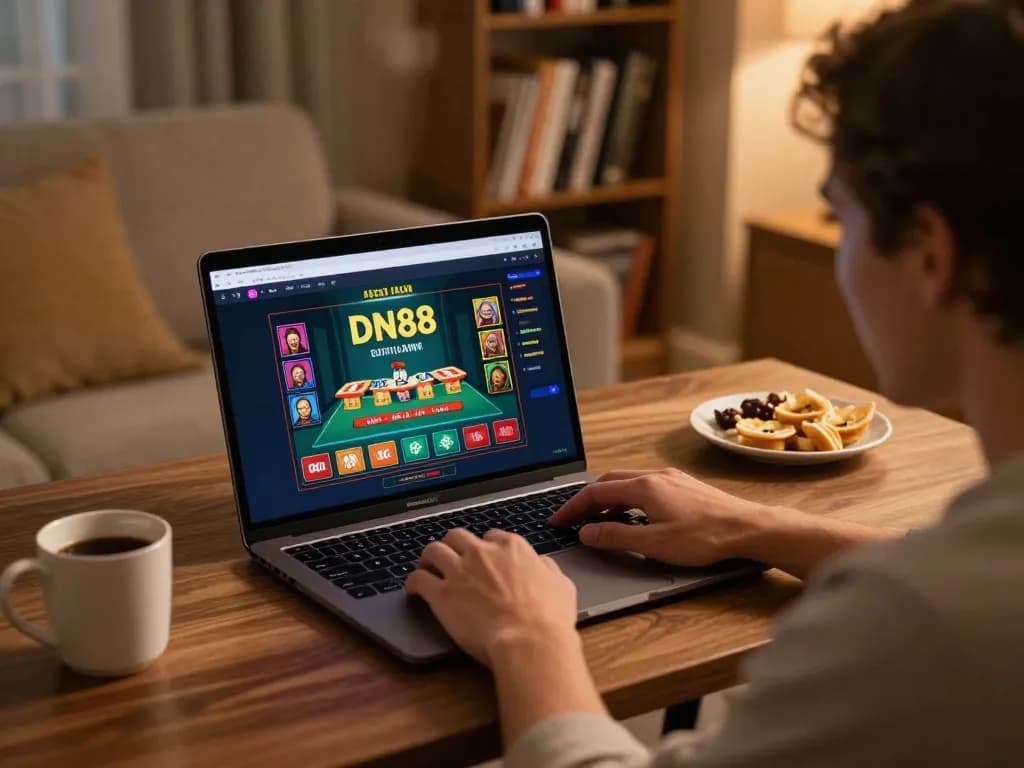 Engaging with DN88's online casino app on a laptop in a cozy home setting