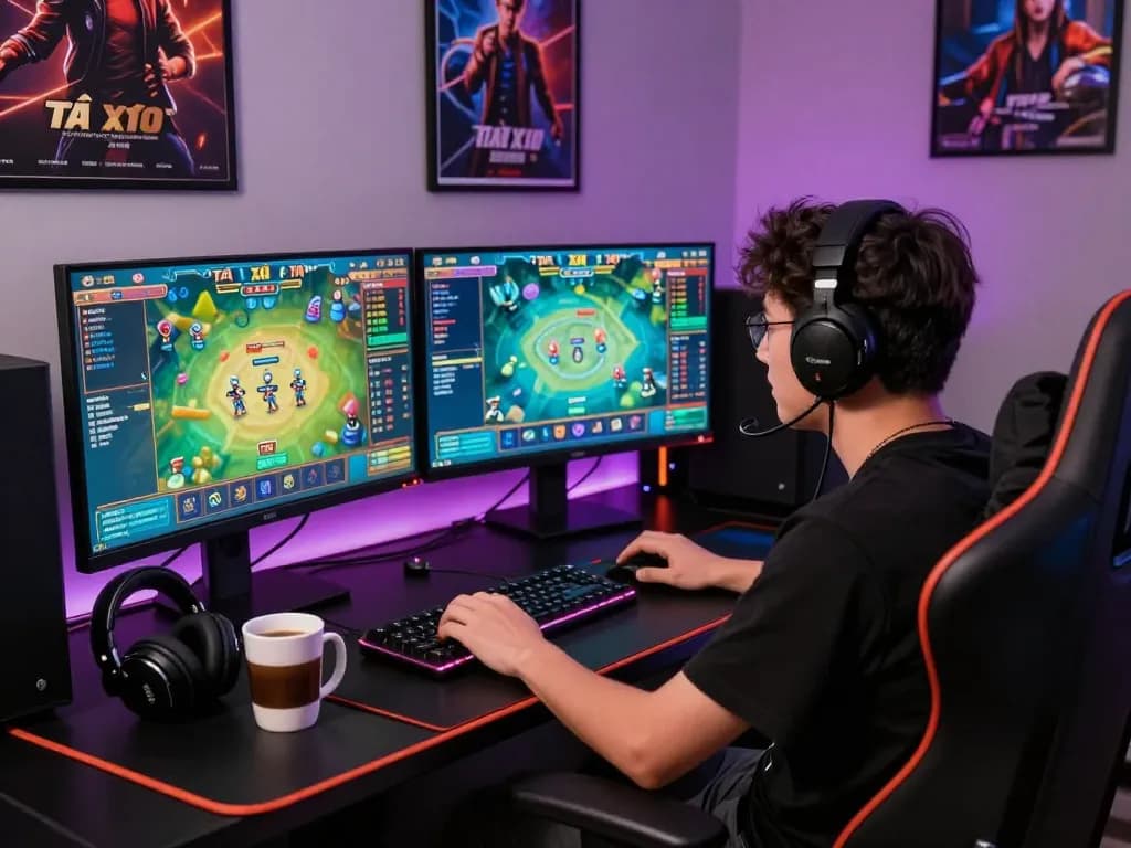 Engaging gaming environment featuring a player enjoying hitclub tải with vibrant screens and gaming gear.