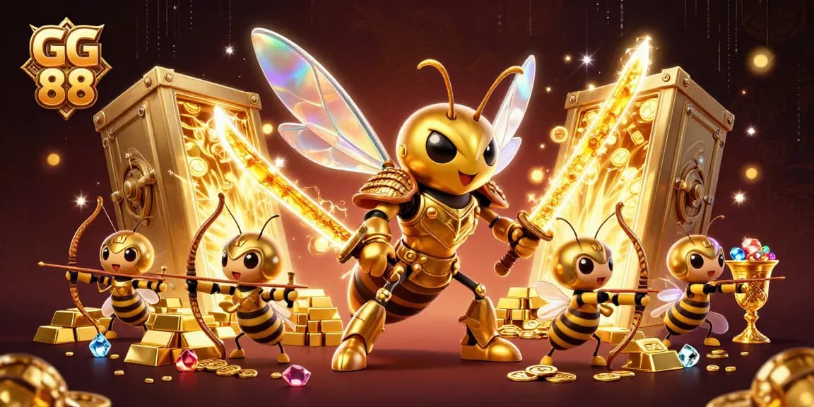 Experience winning with GG 88, featuring a vibrant 3D scene of a gold hornet samurai and treasure.