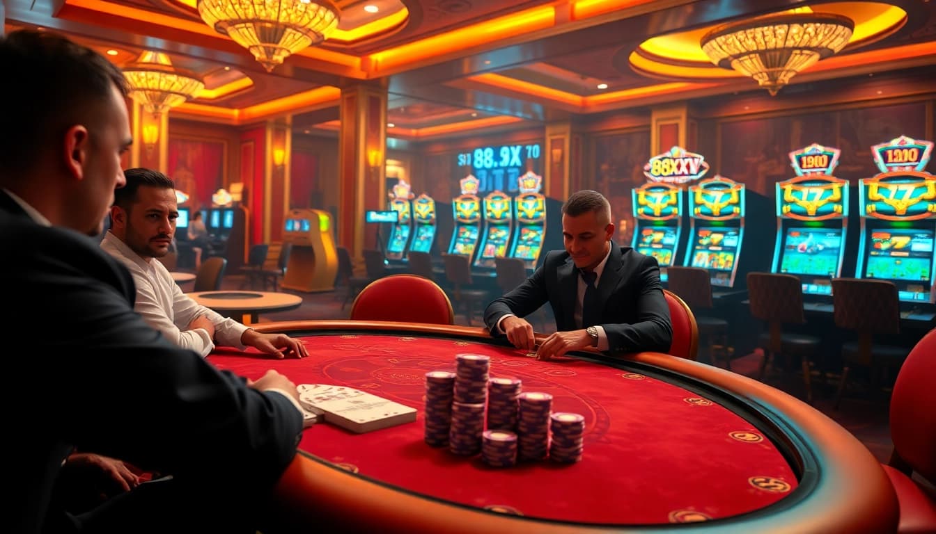 Exciting poker game at 88XX casino showcasing vibrant chips and professional players.