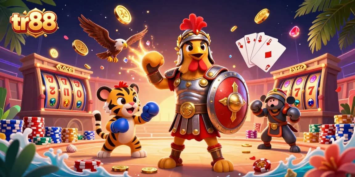 Play games at TR88 with a thrilling 3D scene featuring a gladiator rooster, gold coins, and slot machines.
