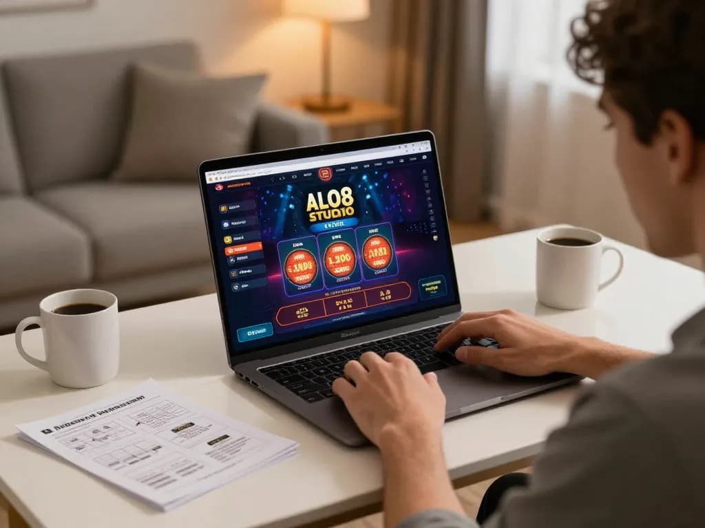 player enjoying a casino game on laptop via ALO8 STUDIO in a cozy setting