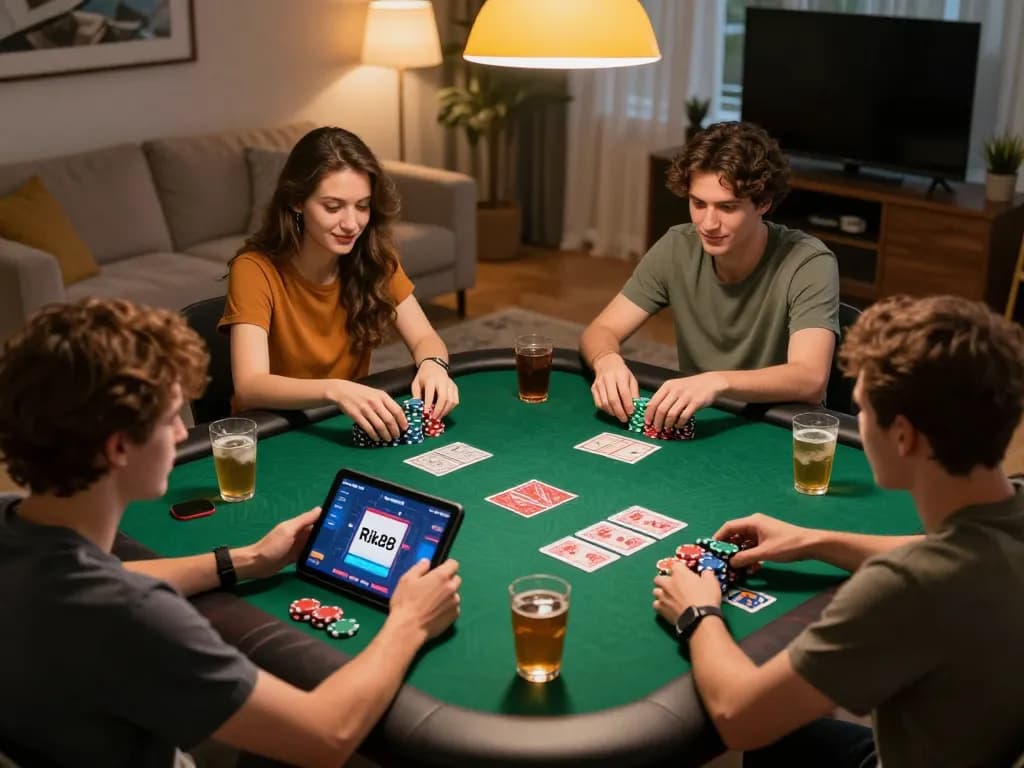 Tải app Rik88 to enjoy engaging poker nights with friends around a table filled with colorful chips.