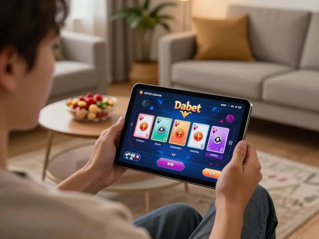 Cổng game Dabet displayed on tablet in a cozy home gaming setup, showcasing responsible gambling.