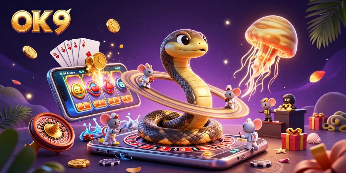 Experience thrilling bets on OK 9 with vibrant casino elements in a cosmic setting.
