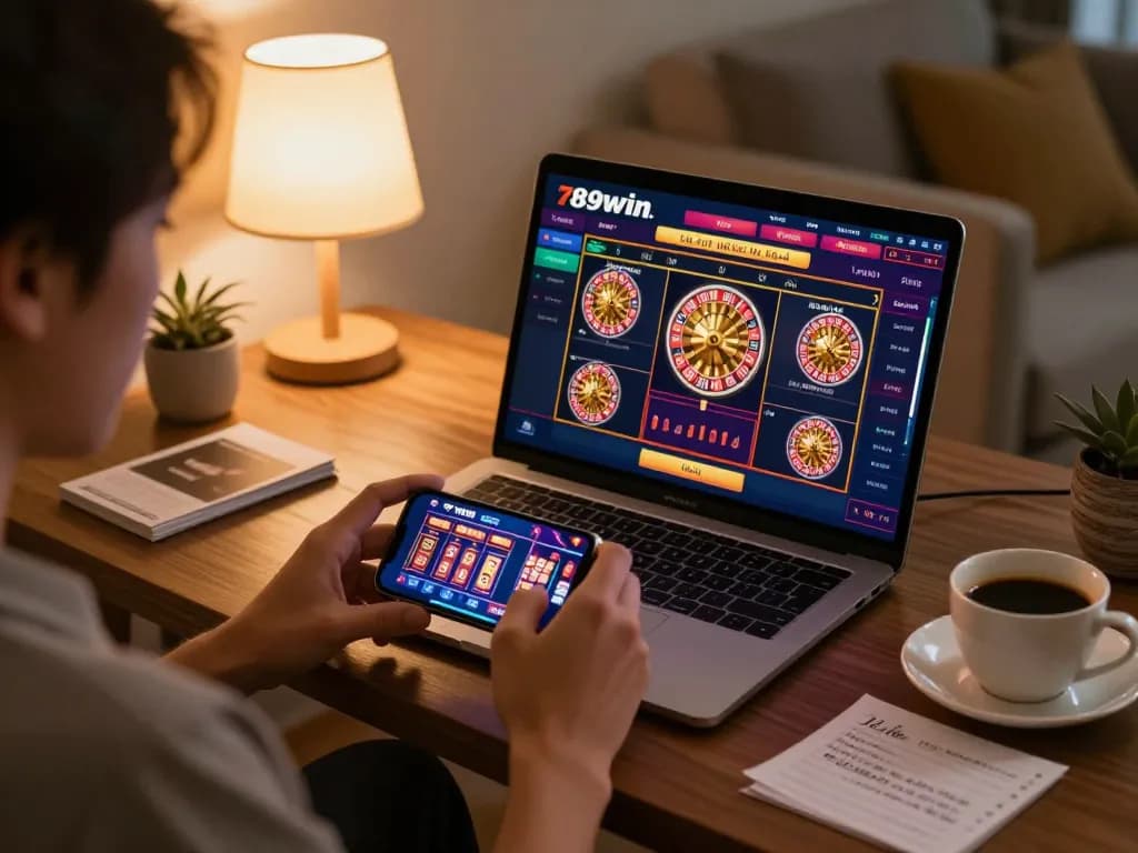 Engaging in online gaming at 789win link mới with a smartphone, showcasing a vibrant casino app interface and cozy setting.