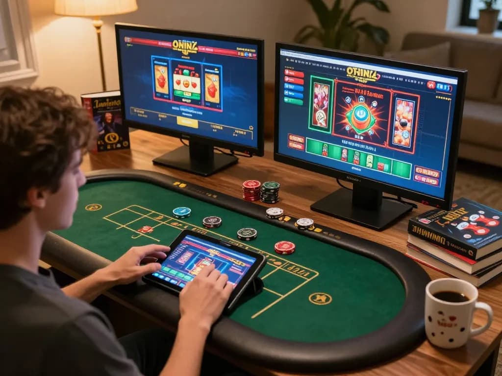 Engaging in online casino gameplay at https://v788.biz/ with tablet, showcasing dynamic poker interface.