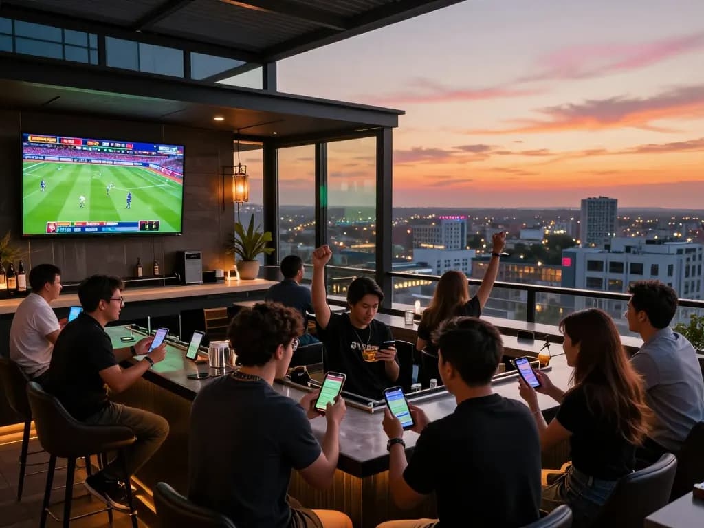 Excited bettors experience the thrill of sports betting at five88z rooftop venue with live games